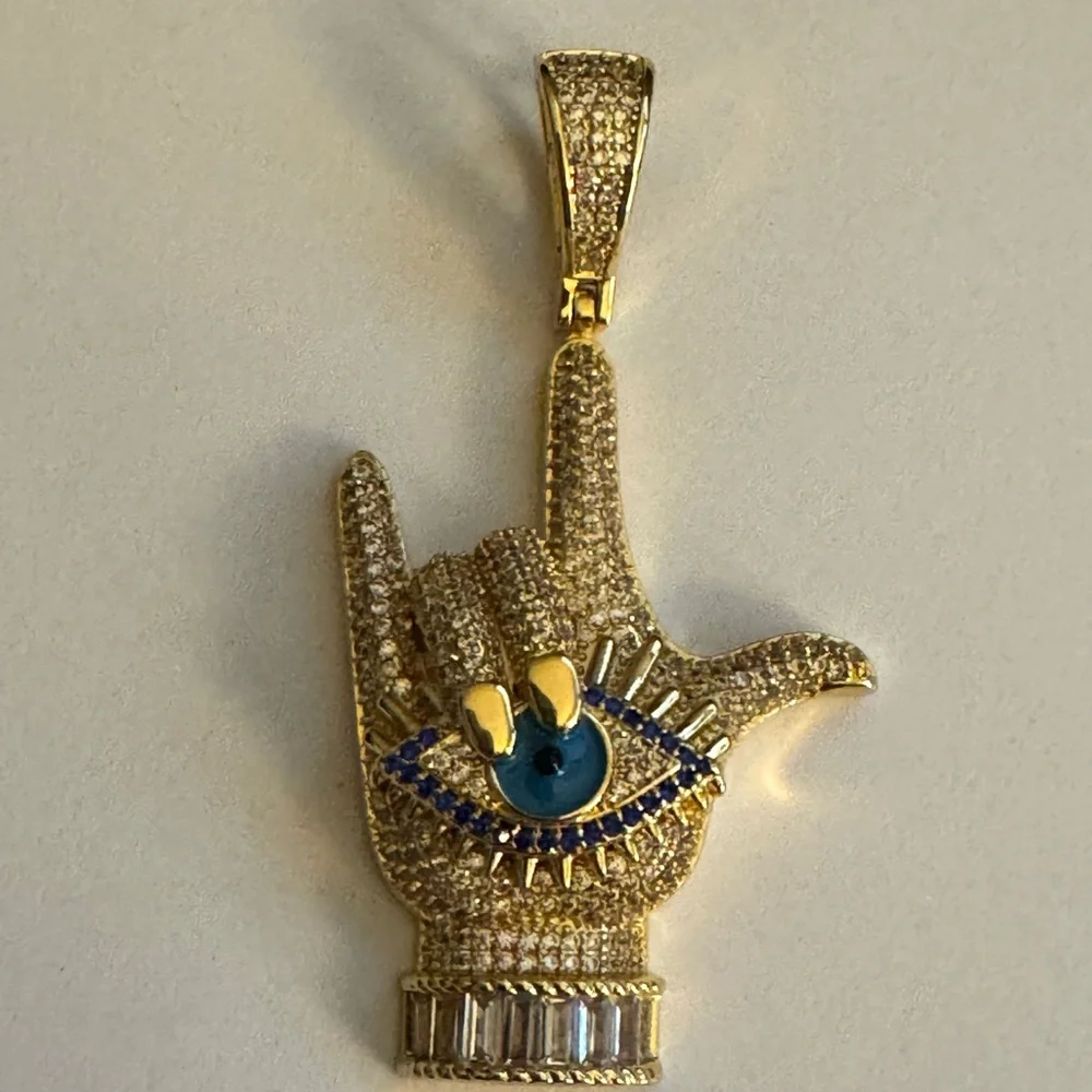 Rock N Roll Hand Evil Eye Pendant ICY Gold and Blue Hand Pendant